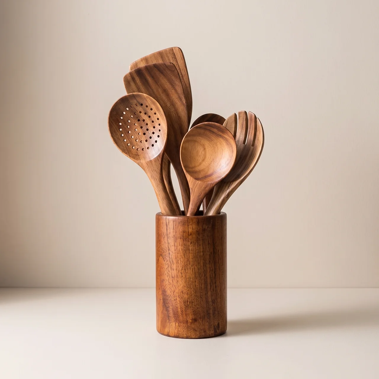 A set of wooden kitchen utensils, including a slotted spoon, spatula, and serving spoons, arranged in a cylindrical wooden holder against a neutral beige background.