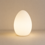 A glowing egg-shaped table lamp with a smooth matte finish, emitting a warm white light against a neutral beige background.