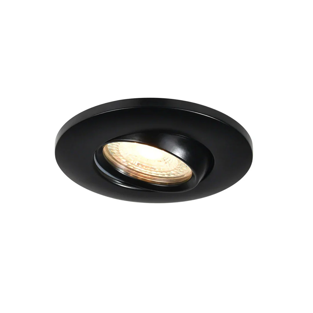 A round black recessed light fixture with a warm glowing bulb, shown against a plain white background.