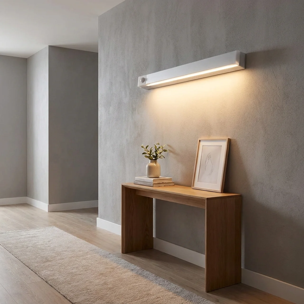 A modern linear wall sconce with a white rectangular housing and warm LED lighting, mounted on a textured gray wall above a wooden console table in a minimalist room.