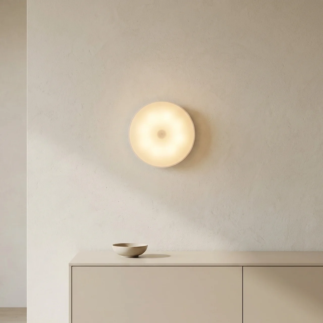 A minimalist circular wall sconce with a frosted glass shade, emitting a warm glow, mounted on a textured beige wall above a light wood console table with a small ceramic bowl.