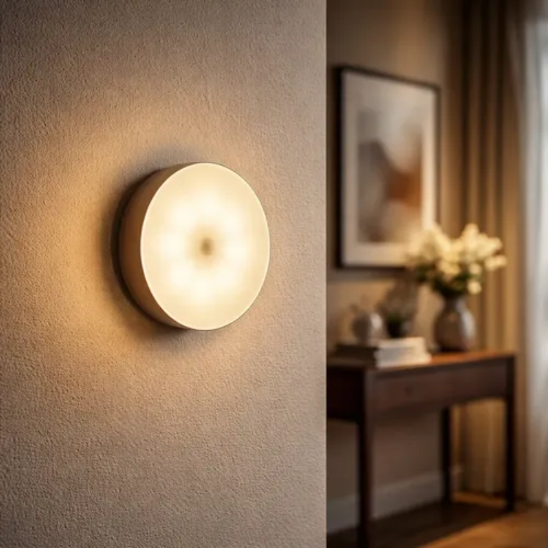 A modern circular wall sconce with a warm glowing frosted glass shade, mounted on a textured beige wall in a softly lit interior room.