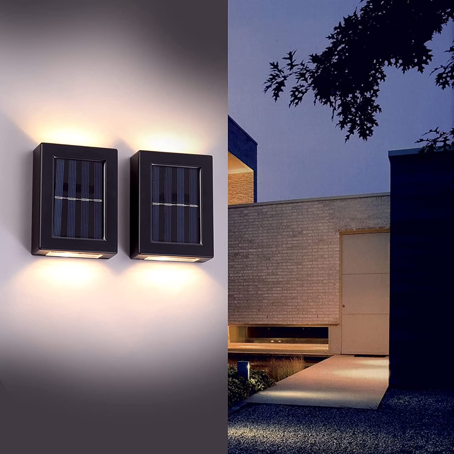 Two rectangular solar wall lights shown lit on a white wall on the left, and installed outside a modern building at dusk on the right.