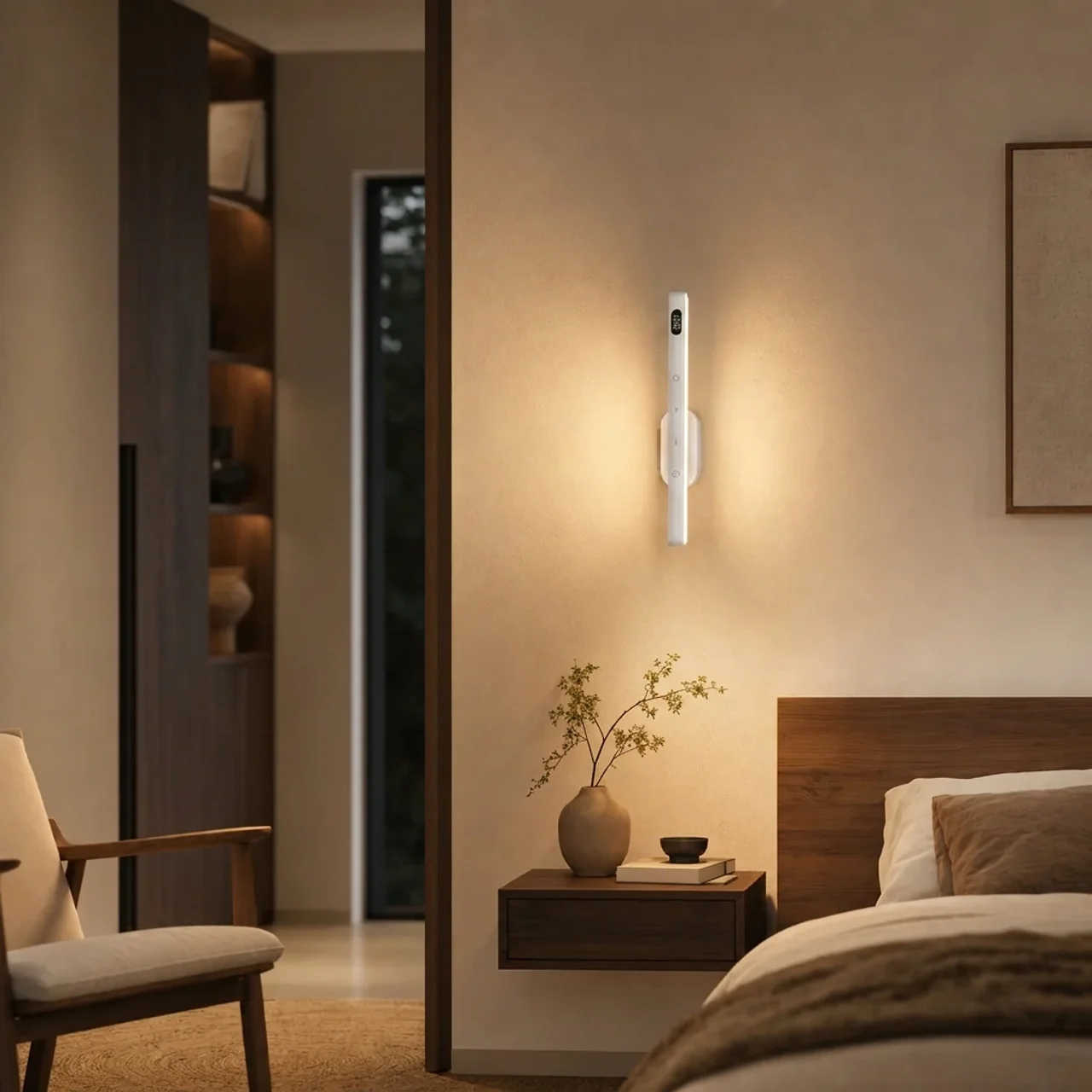 A modern wall-mounted vertical light fixture with a frosted white body and warm amber glow, installed on a beige wall in a minimalist bedroom setting.