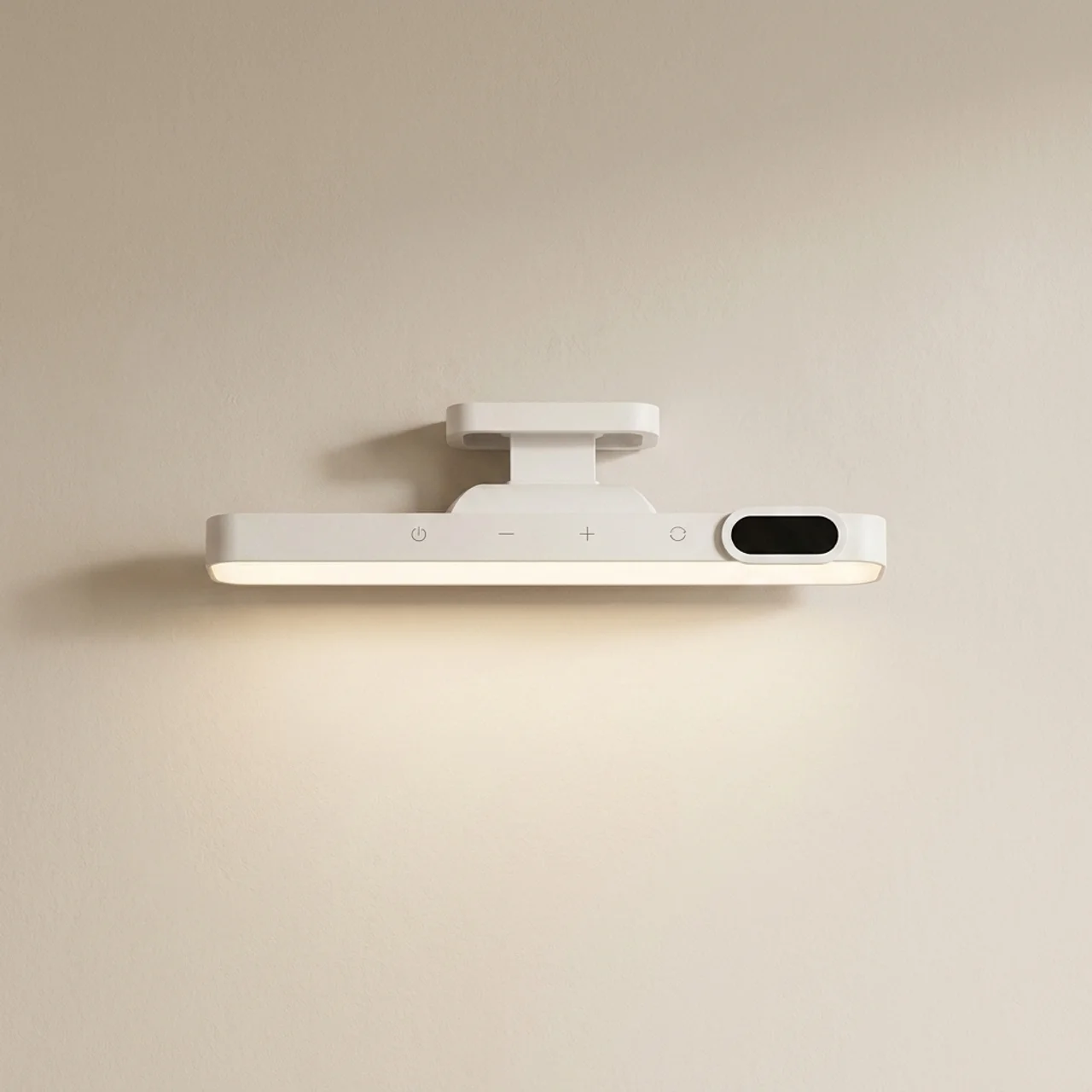 A modern white wall-mounted LED light bar with a black control panel on the right side, shown illuminated against a warm beige wall.