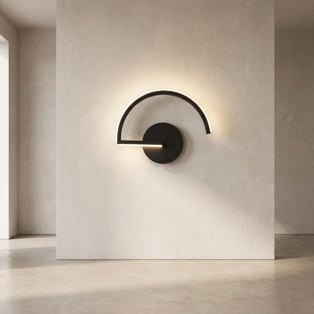 A modern black wall sconce with a curved arch and horizontal bar, mounted on a textured beige plaster wall in a minimalist interior setting.