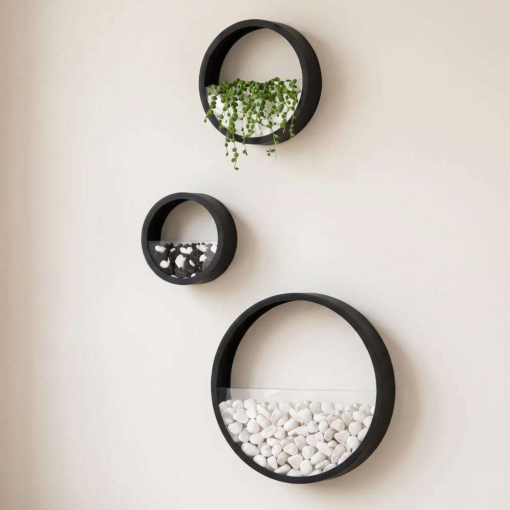 Three black circular wall-mounted planters arranged vertically on a light beige wall, with white stones in the two lower holders and trailing green plants in the upper holders.