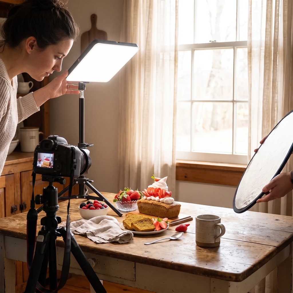 A lifestyle scene showing a photographer setting up a softbox light and a camera on a tripod next to a rustic wooden table with a cake, strawberries, and a mug, with another person holding a reflector in a bright kitchen.
