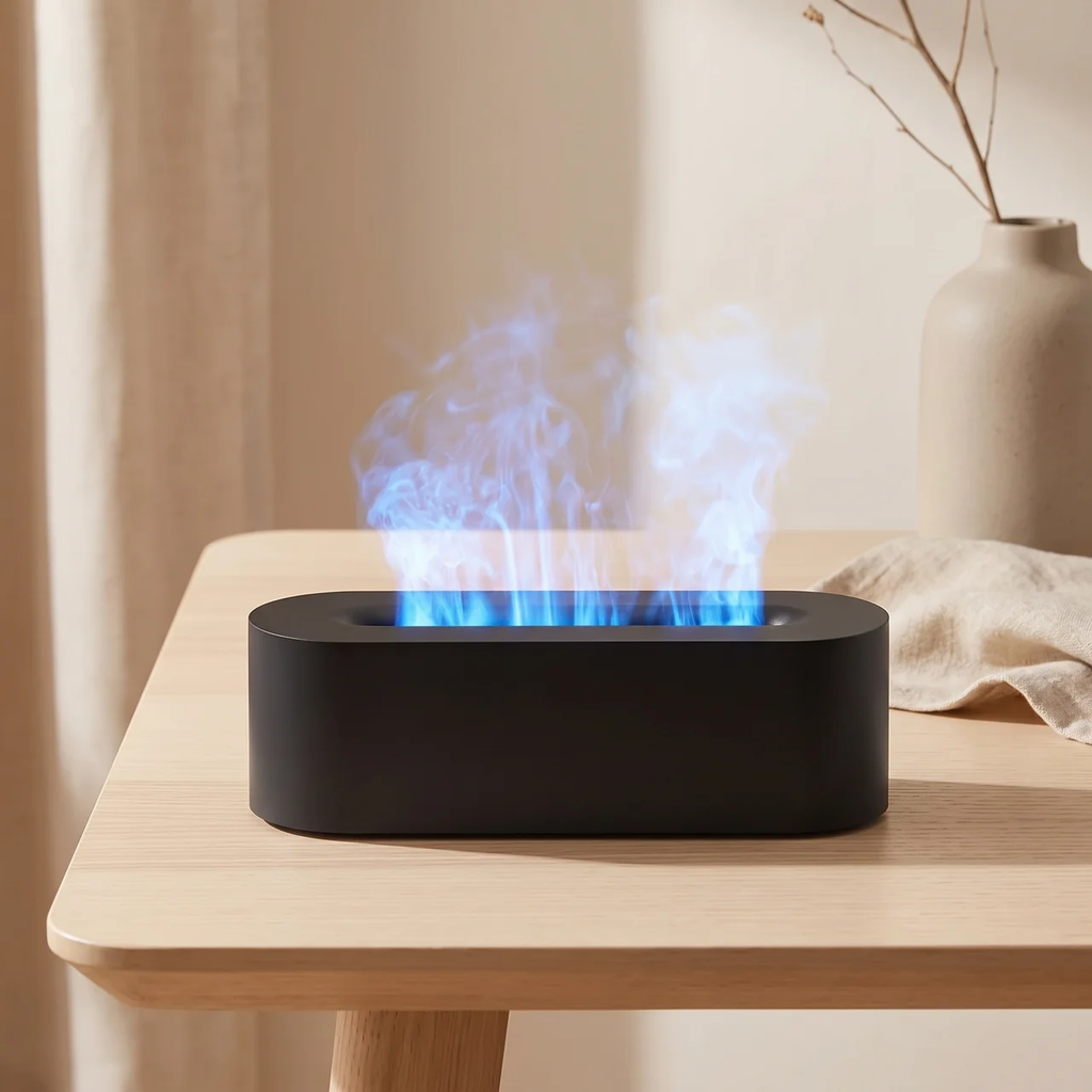 A black rectangular tabletop fireplace or diffuser with glowing blue flames, placed on a light wood table in a softly lit room with a vase in the background.