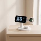 A white wireless charging stand on a light wood table, holding a smartphone, a smartwatch, and a white earbud case in a softly lit indoor setting.