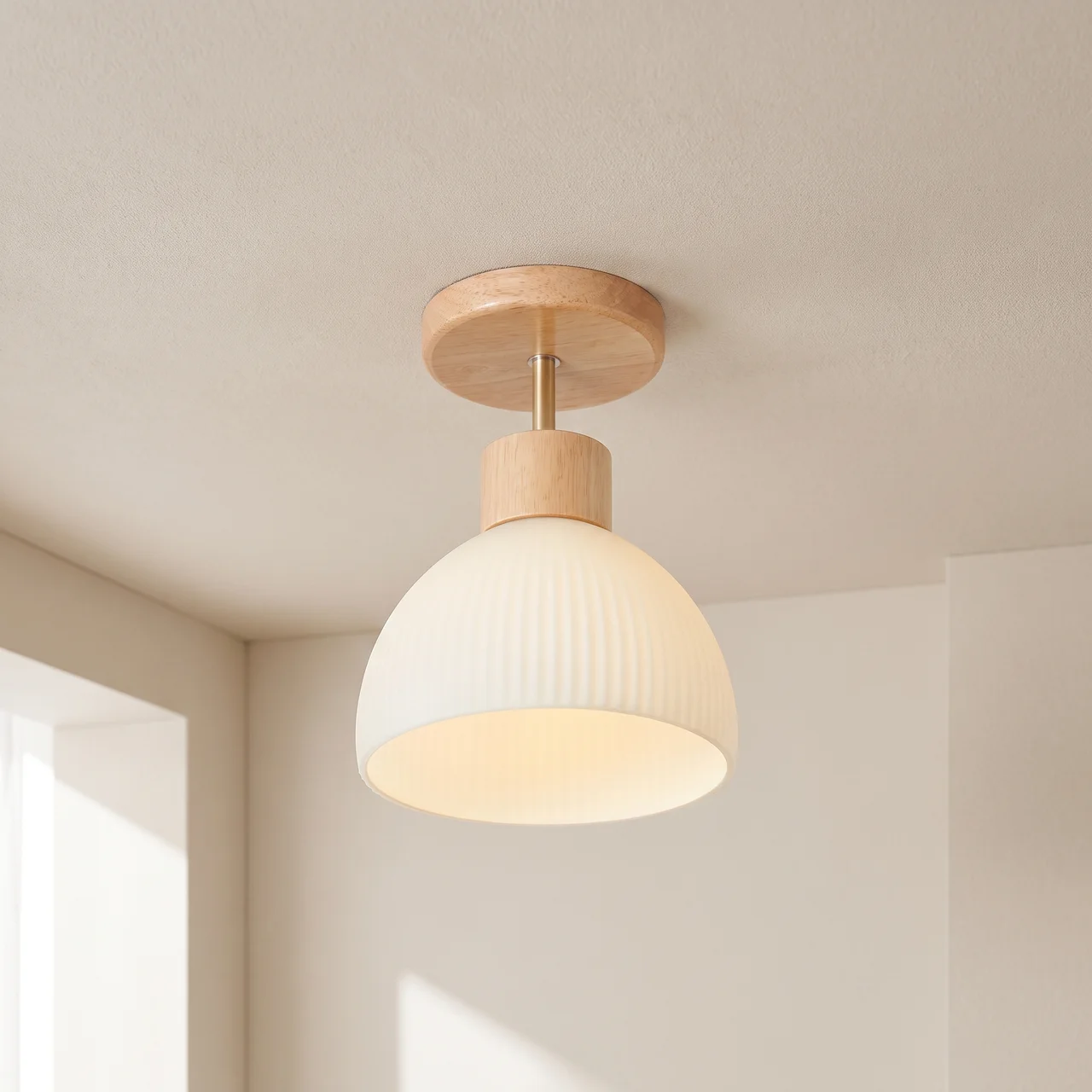 A modern semi-flush mount ceiling light fixture with a ribbed white glass dome shade and natural light wood accents, shown installed on a textured beige ceiling in a minimalist room.