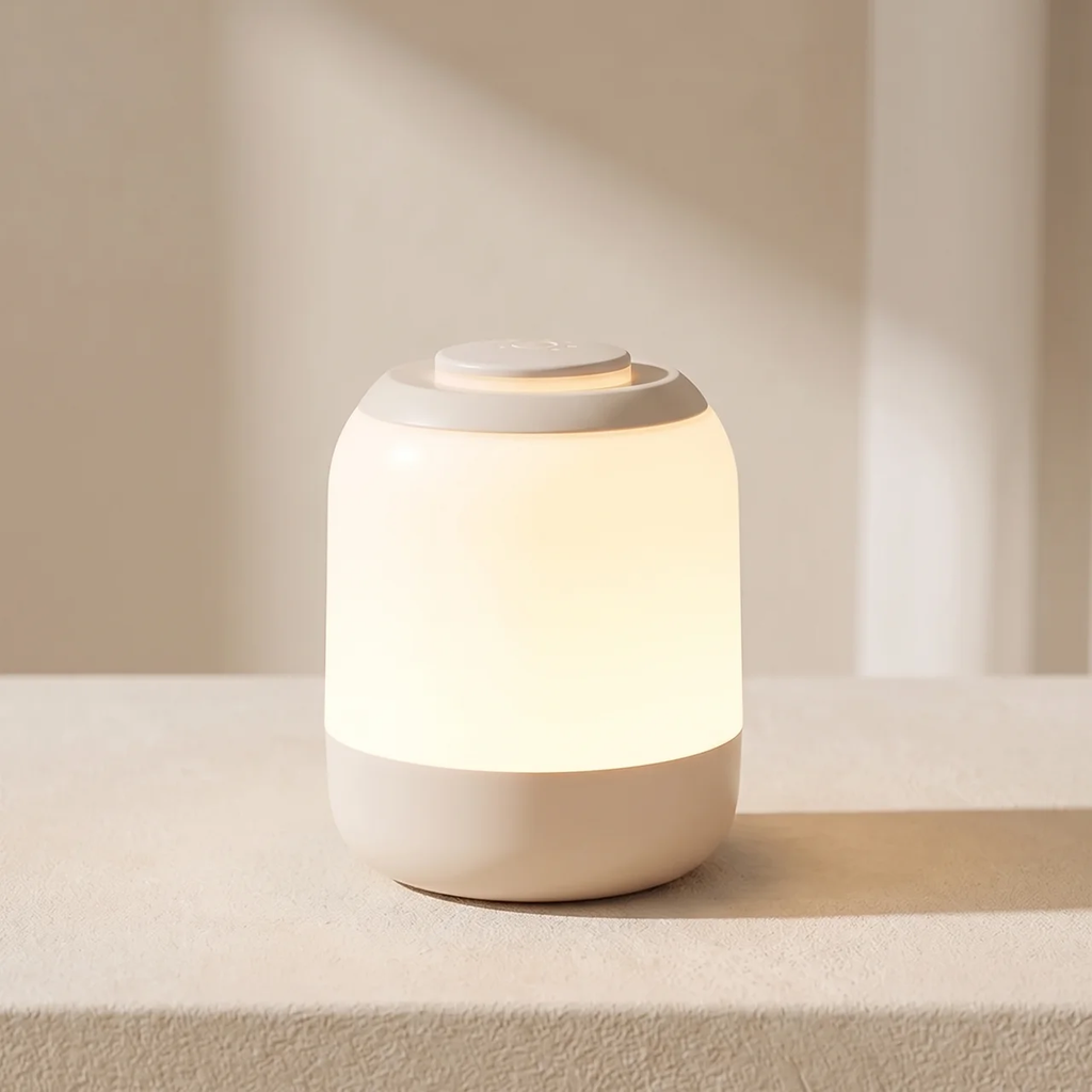 A small cylindrical table lamp with a glowing warm white body and a matte off-white base, placed on a light beige surface against a softly lit neutral background.
