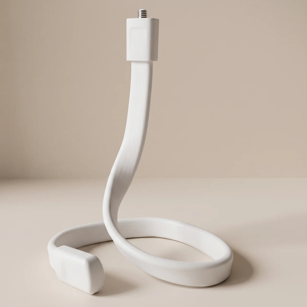A white flexible gooseneck desk lamp with a matching white adjustable clip on a matching beige surface and background.