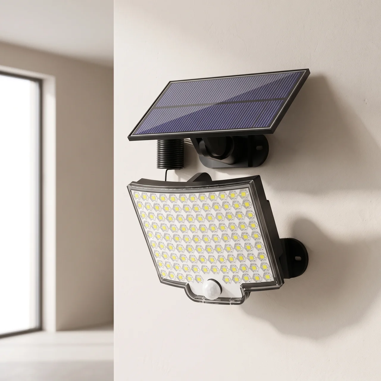 A wall-mounted solar-powered LED light fixture with a rectangular solar panel above a large grid-style light panel, shown mounted on a beige wall in an indoor room setting.