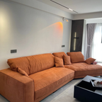 Orange sofa in a modern living room with a coffee table and decorative items.