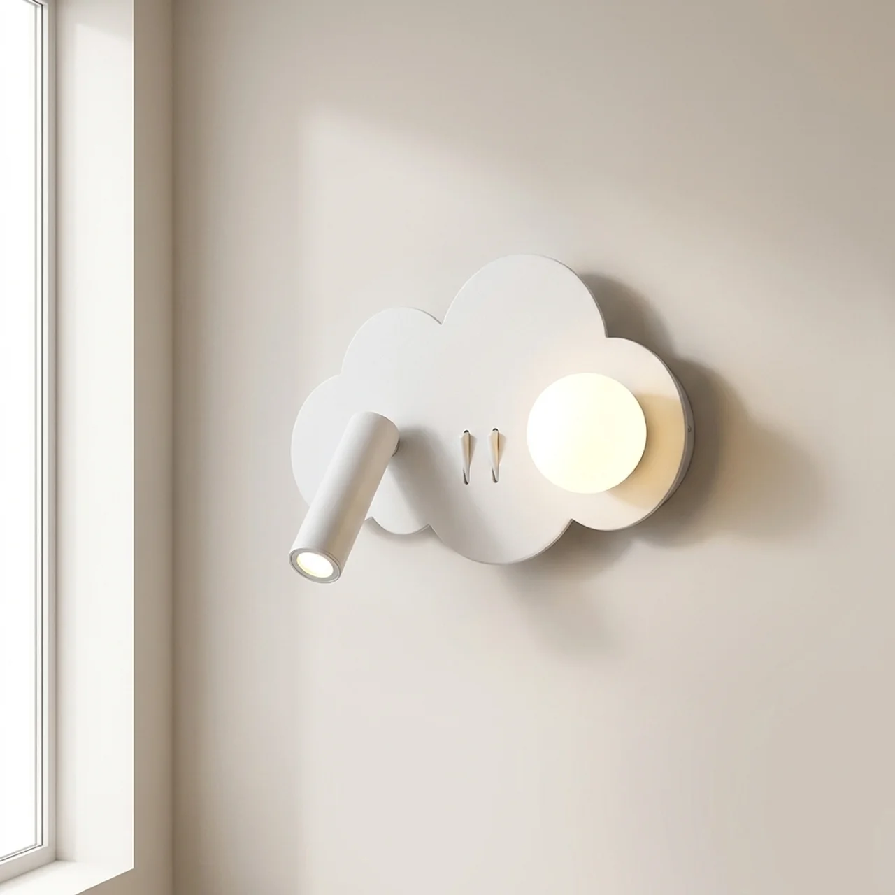 A white cloud-shaped wall sconce with a built-in spotlight and a round glowing bulb, mounted on a beige wall next to a window.