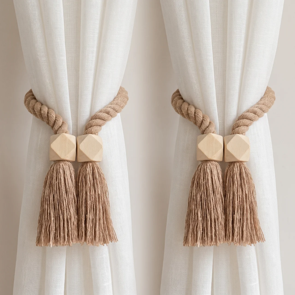 Two beige rope curtain tiebacks with geometric wooden connectors and long tassels, shown hanging on white sheer curtains.