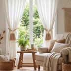 A cozy living room scene with white sheer curtains tied back with tan tie-back bands, a cream armchair with pillows and a throw blanket, a small wooden side table with a potted fern and books, and a window looking out onto green garden foliage.