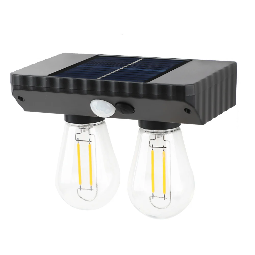 Solar-powered outdoor light fixture with two clear bulbs on a white background