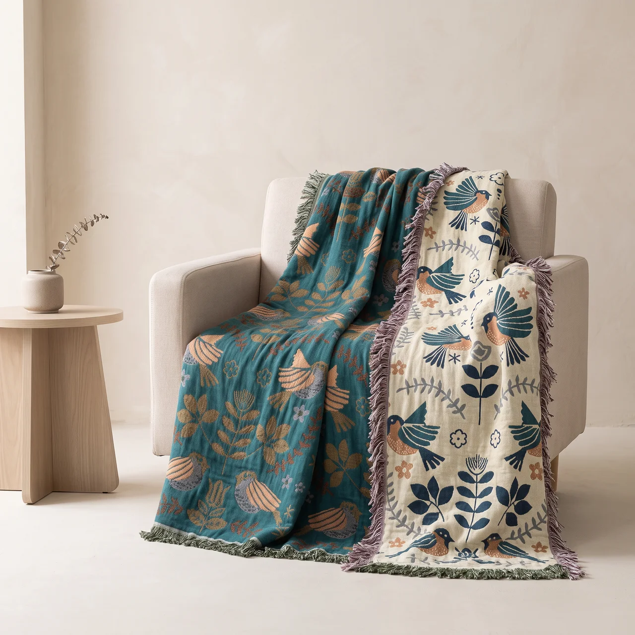 A patterned throw blanket draped over a light beige armchair in a minimalist room. The blanket features a teal side with a tan botanical pattern and a cream side with a navy bird and floral design, finished with fringed edges.