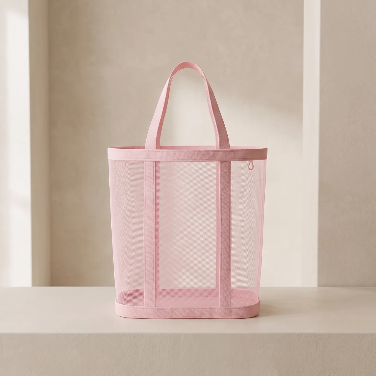 A light pink mesh tote bag with solid pink handles and trim, standing on a light beige surface against a neutral beige background.
