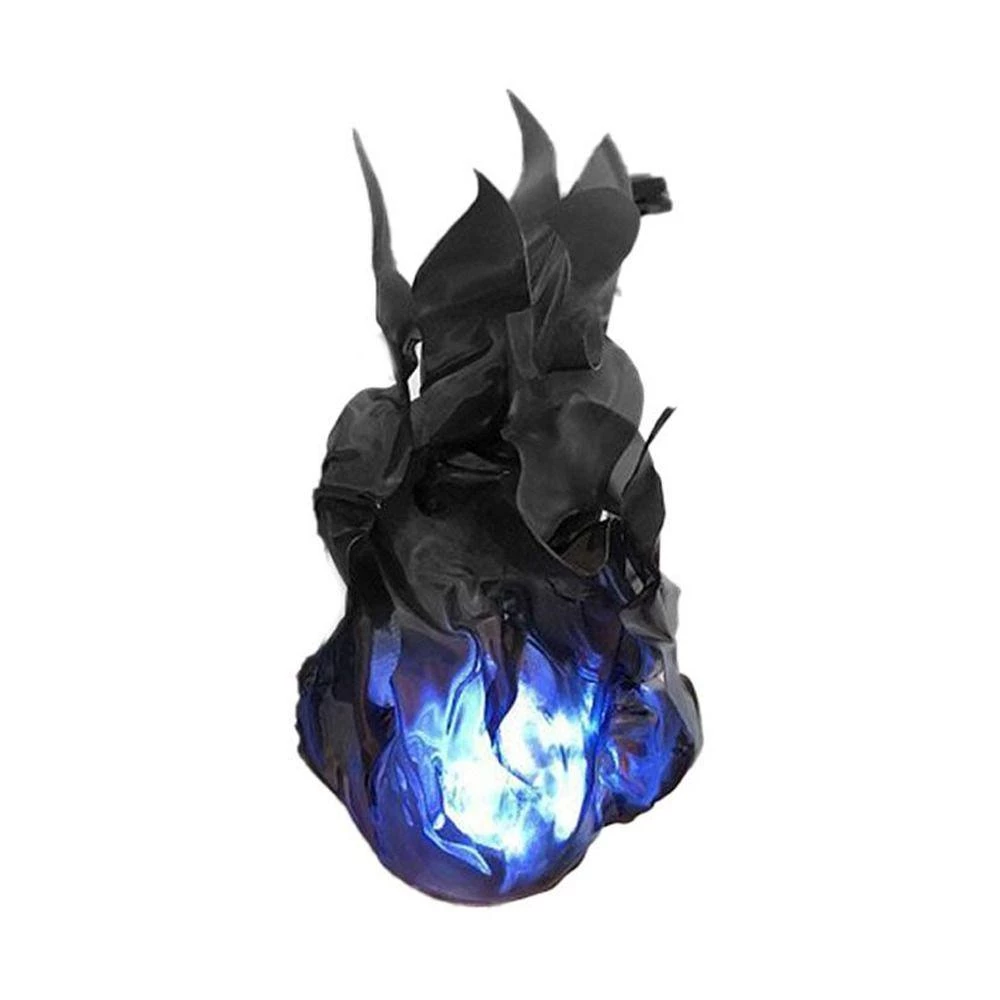 A black, flame-like decorative object or mask with a glowing blue illuminated base, shown against a plain white background.