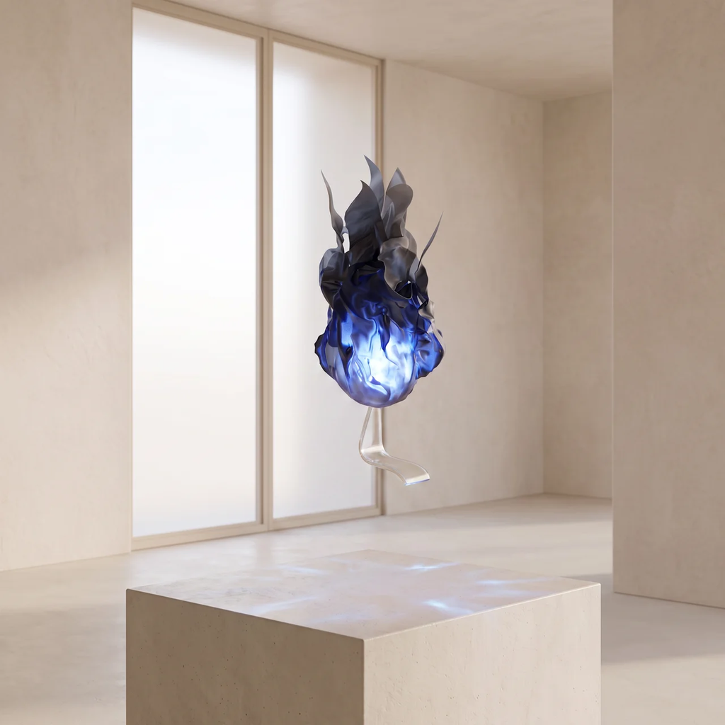 A sculptural floating object with a glowing blue and dark gray organic form suspended above a beige pedestal in a minimalist interior room.