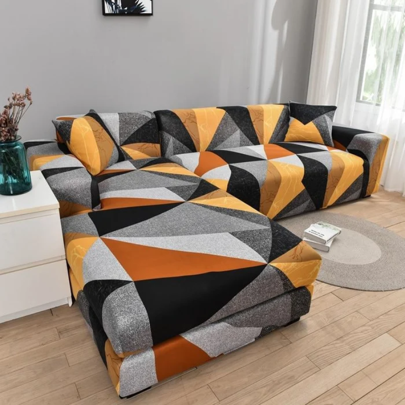 Sectional sofa with geometric pattern in a living room setting