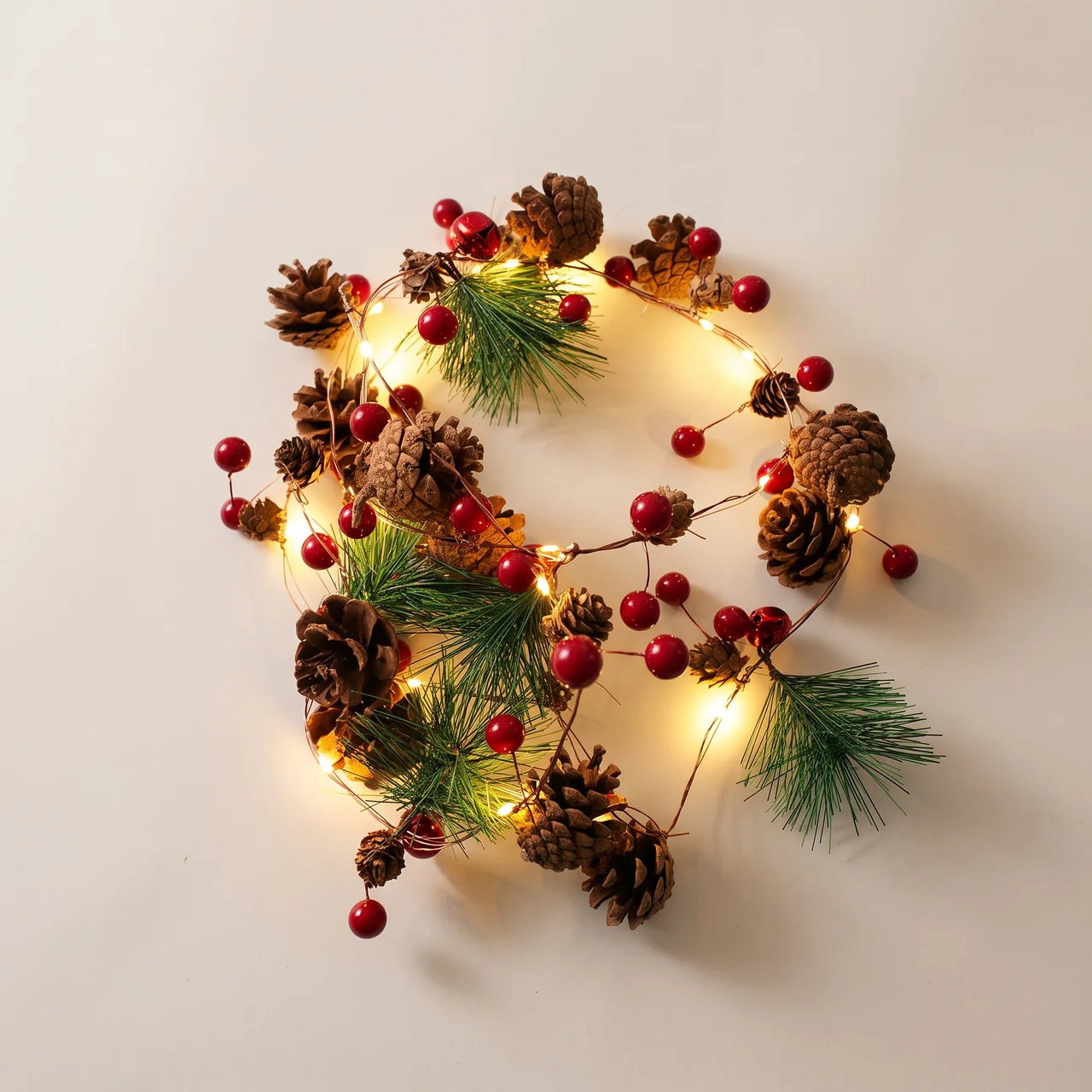 A festive Christmas garland wreath made of pinecones, red berries, and green pine needles, illuminated with warm white string lights on a plain off-white background.