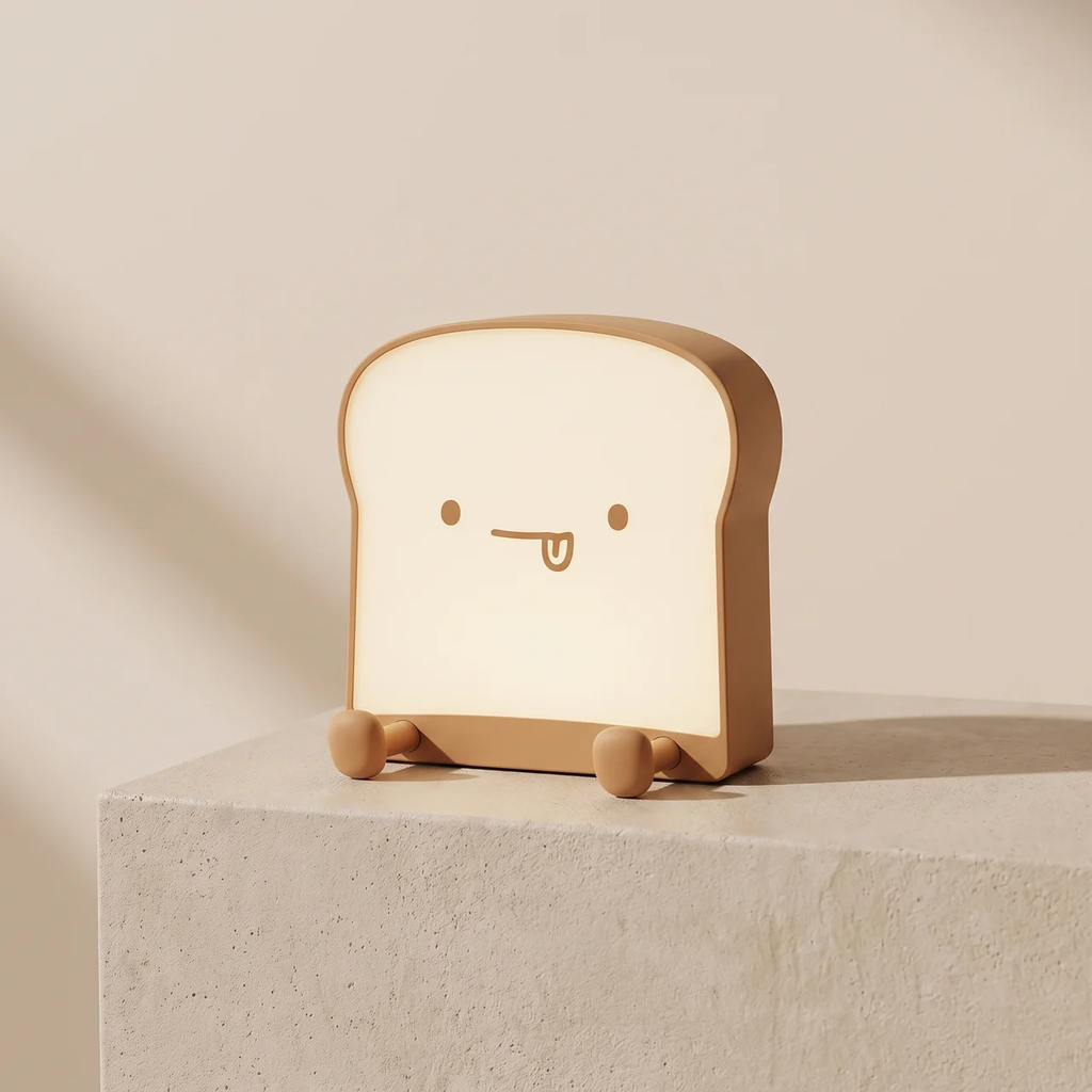 A cute, bread-shaped night light with a smiling face sits on a light gray stone pedestal against a warm beige background.