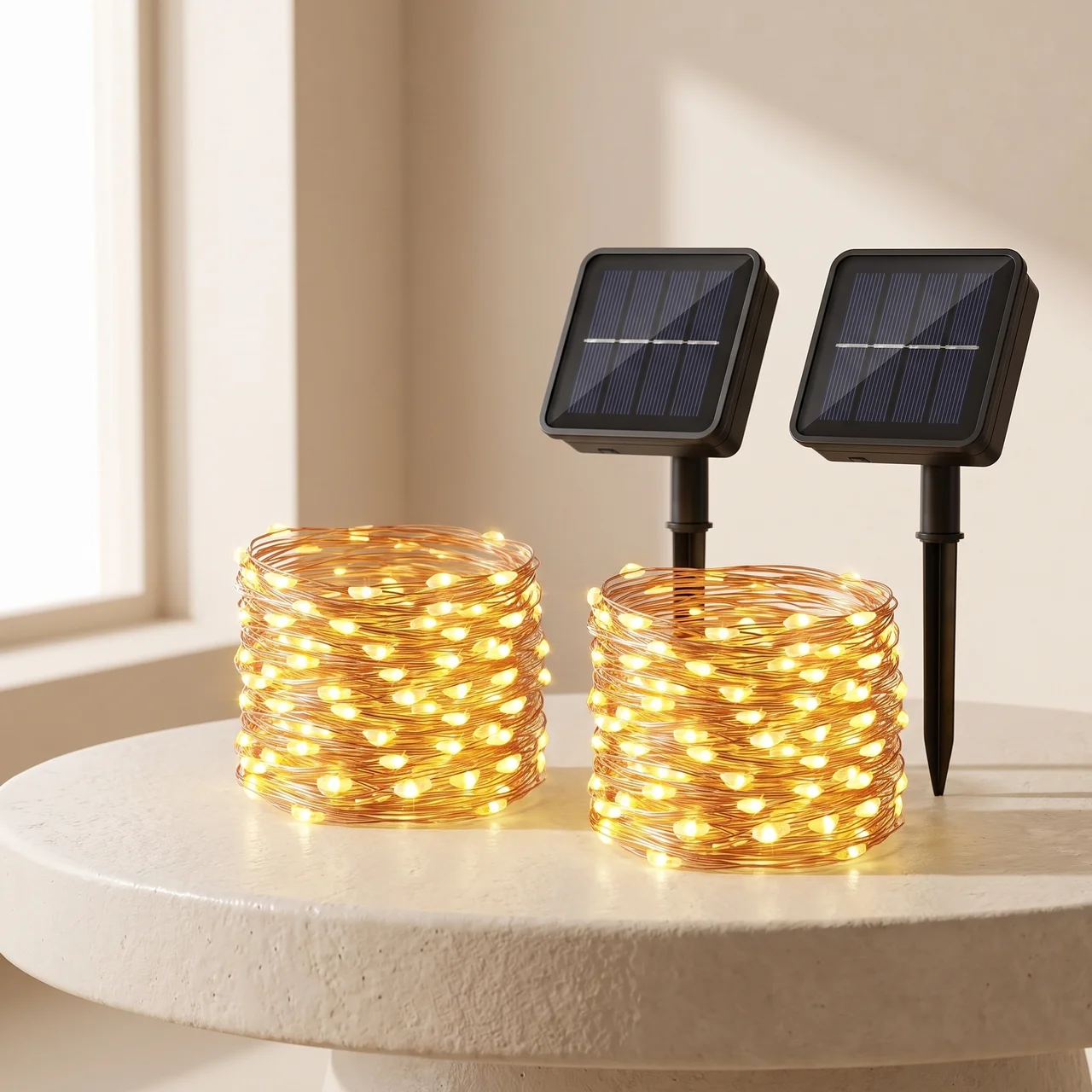 Two rolls of warm white solar string lights with attached black solar panels and stakes, displayed on a round table in a softly lit indoor setting.