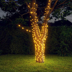 Tree trunk decorated with string lights against a dark background