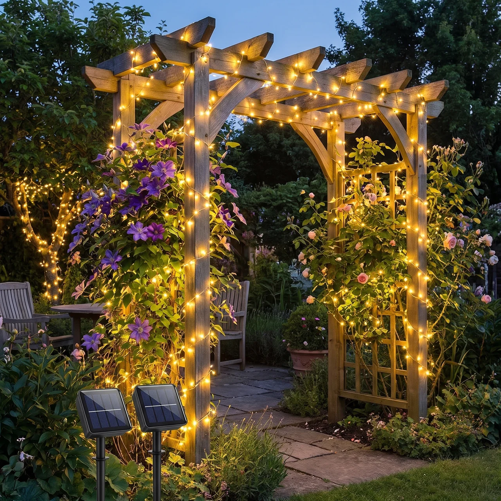 Warm white solar-powered garden string lights draped over a wooden garden archway, illuminating climbing flowers and a stone garden path at dusk.