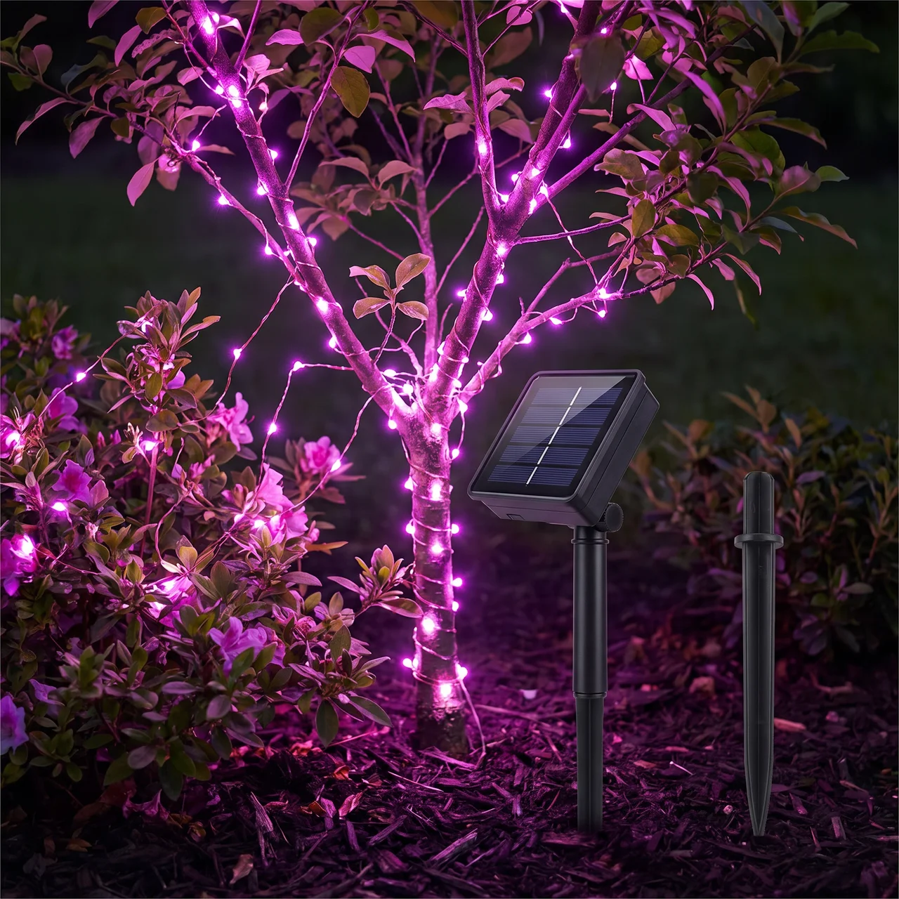 Solar-powered pink LED string lights wrapped around a small tree in a garden, with two black ground stakes shown beside the light unit.