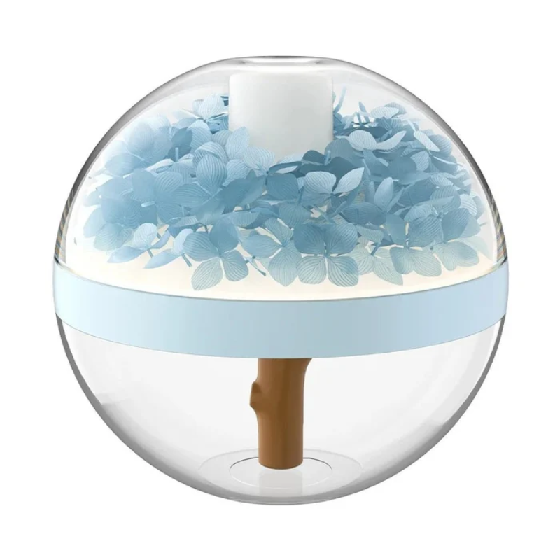 Clear spherical container with blue floral arrangement on a white background