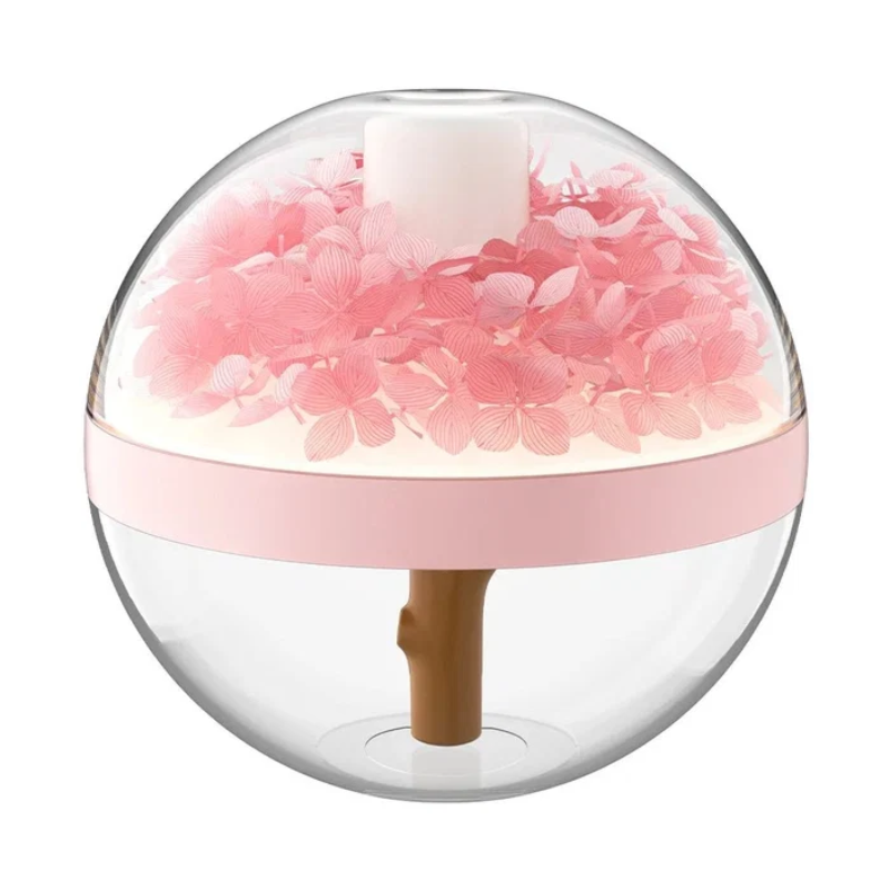 Clear spherical container with pink floral design on a white background