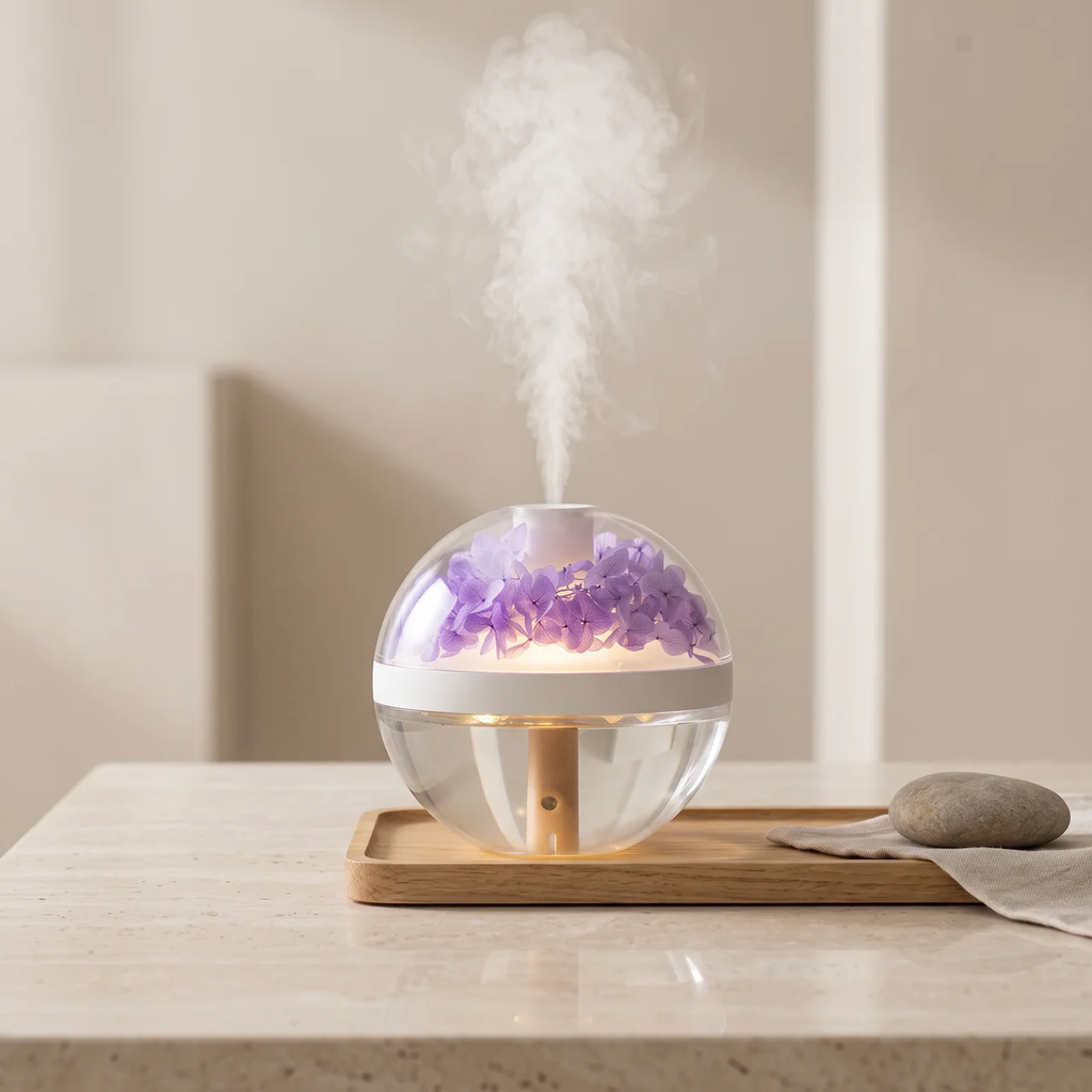 A spherical humidifier on a wooden tray, emitting a mist of steam. The device has a clear glass lower half, a white upper dome with purple dried flowers inside, and a warm white LED light glowing from within.