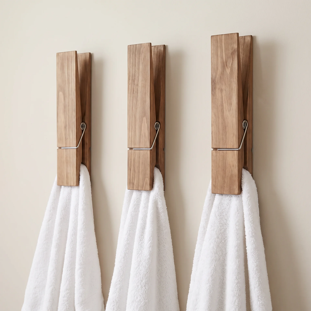 Three wooden clothespins mounted on a beige wall, each holding a white towel. The clothespins have a natural wood finish with a small silver metal spring.