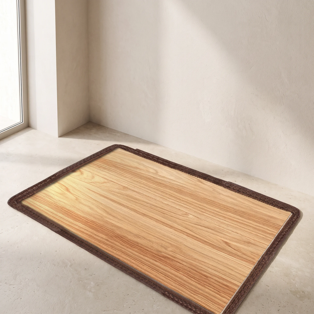A rectangular mat with a light wood grain pattern and a dark brown stitched border, shown on a light beige floor in a minimalist room corner.