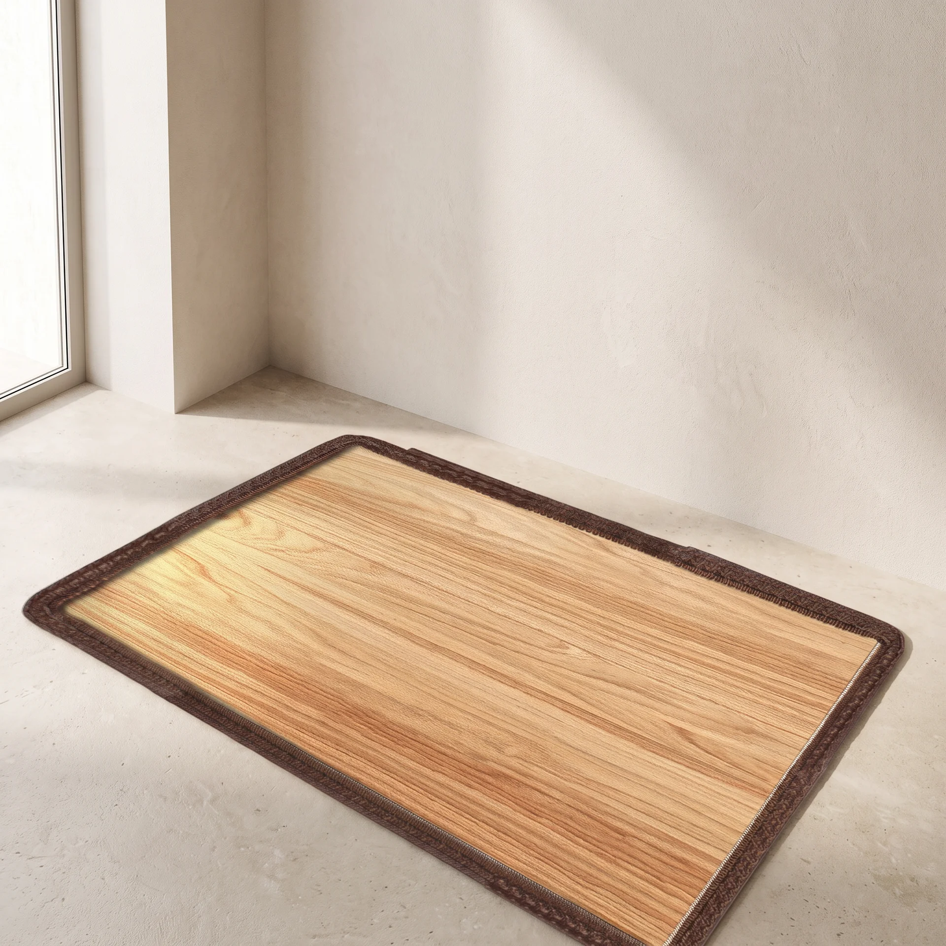 A rectangular mat with a light wood grain pattern and a dark brown stitched border, shown on a light beige floor in a minimalist room corner.