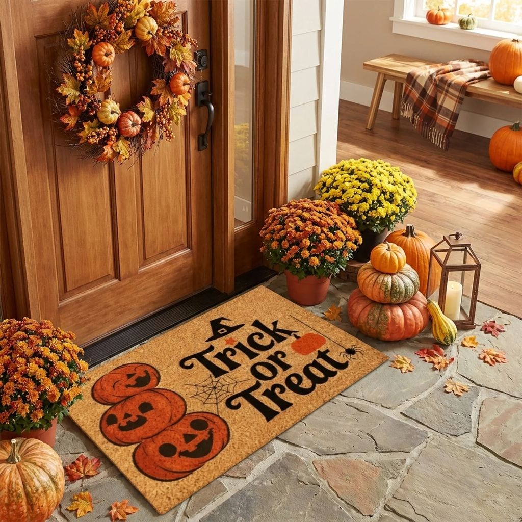 A coir doormat with 'Trick or Treat' text and jack-o'-lantern graphics is displayed in a festive, decorated entryway with pumpkins, mums, and a wooden door.