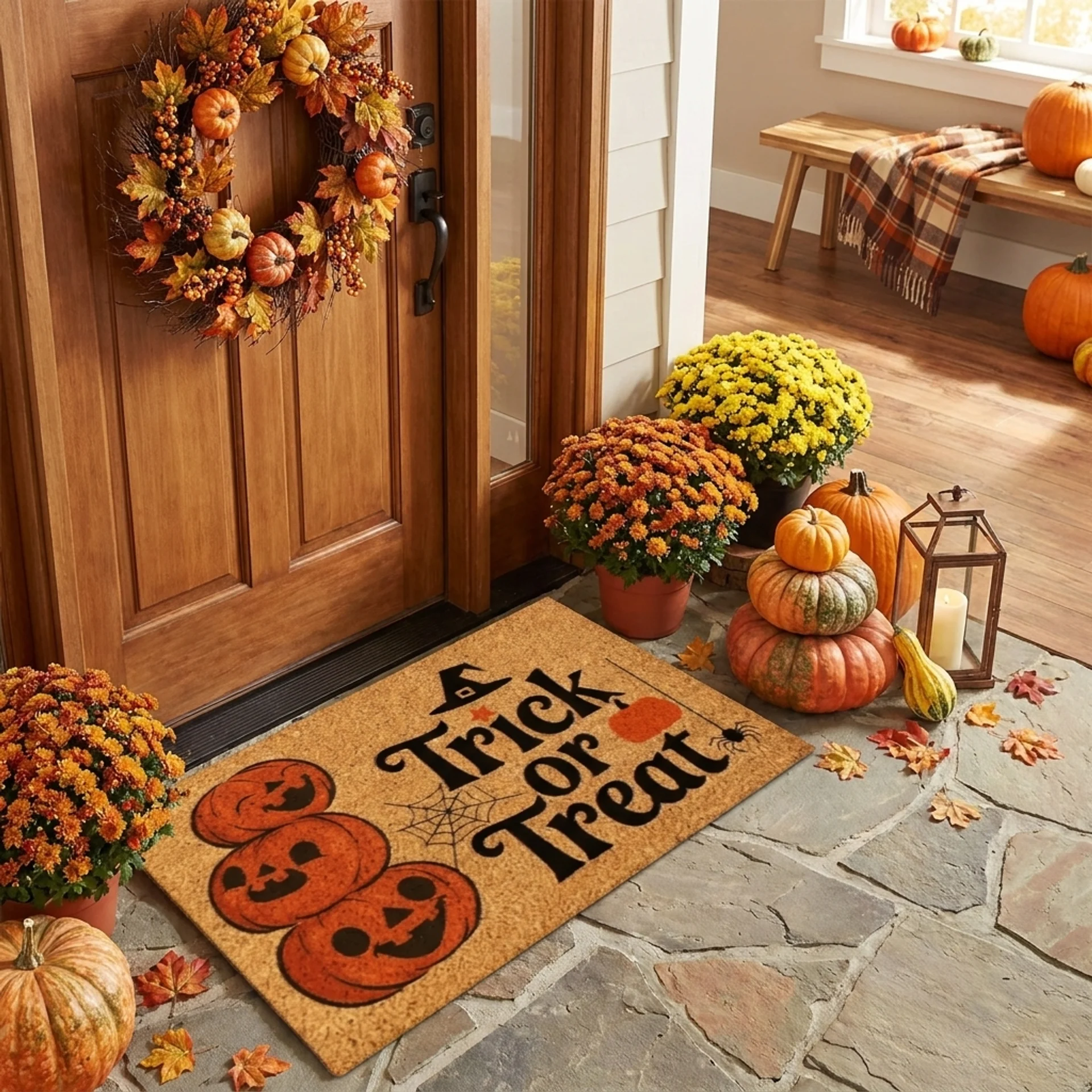 A coir doormat with 'Trick or Treat' text and jack-o'-lantern graphics is displayed in a festive, decorated entryway with pumpkins, mums, and a wooden door.