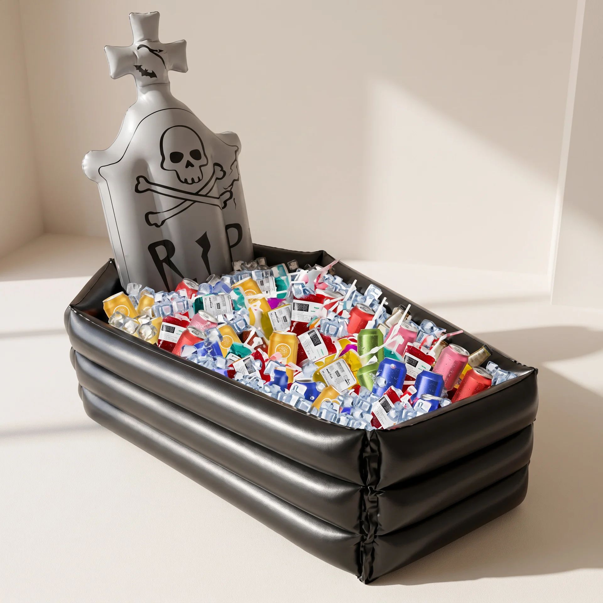 An inflatable black coffin-shaped pool filled with colorful candy and a gray tombstone decoration with a skull and crossbones, set against a warm beige background.