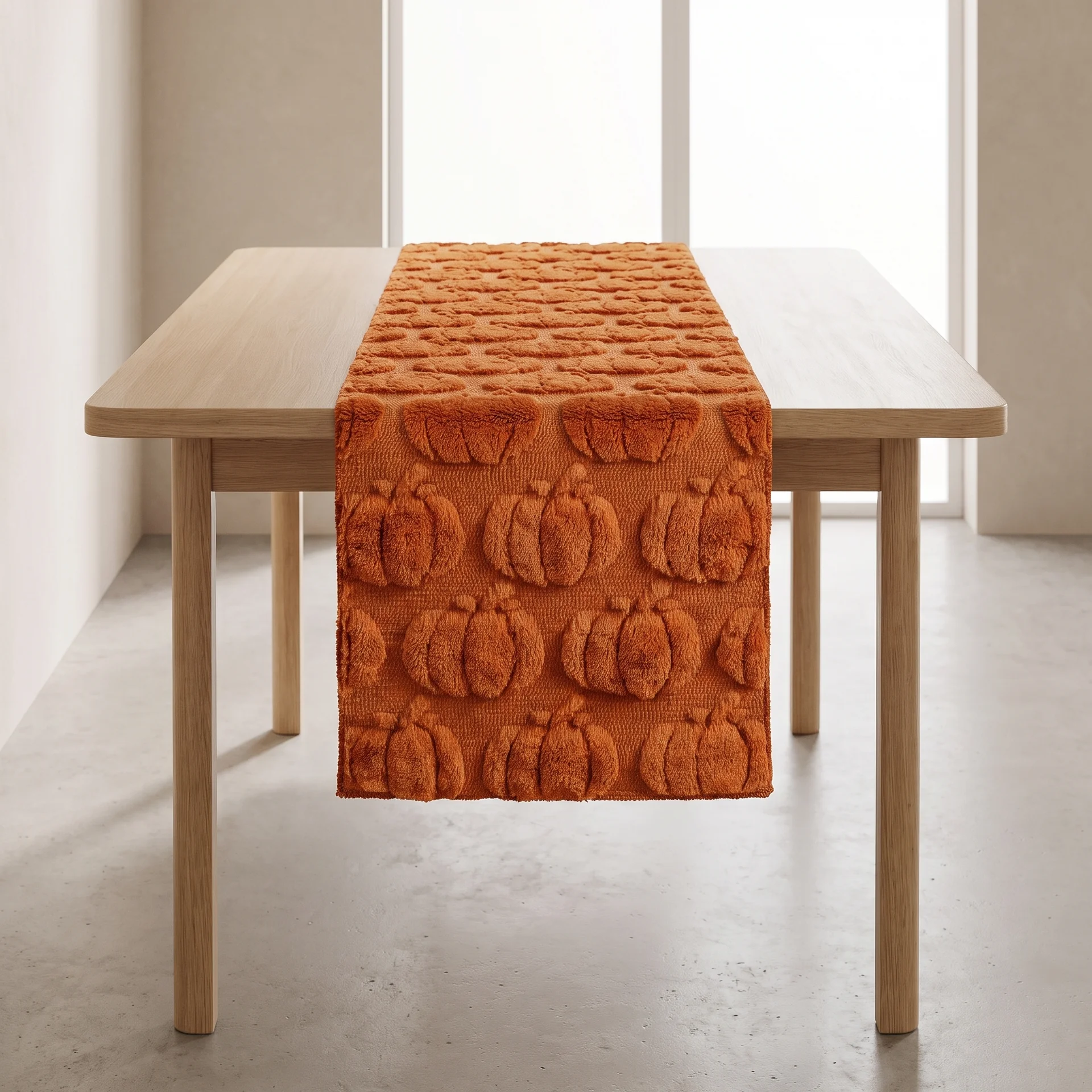 An orange table runner with a 3D pumpkin pattern, draped over a light wood dining table in a minimalist room with beige walls and concrete floors.