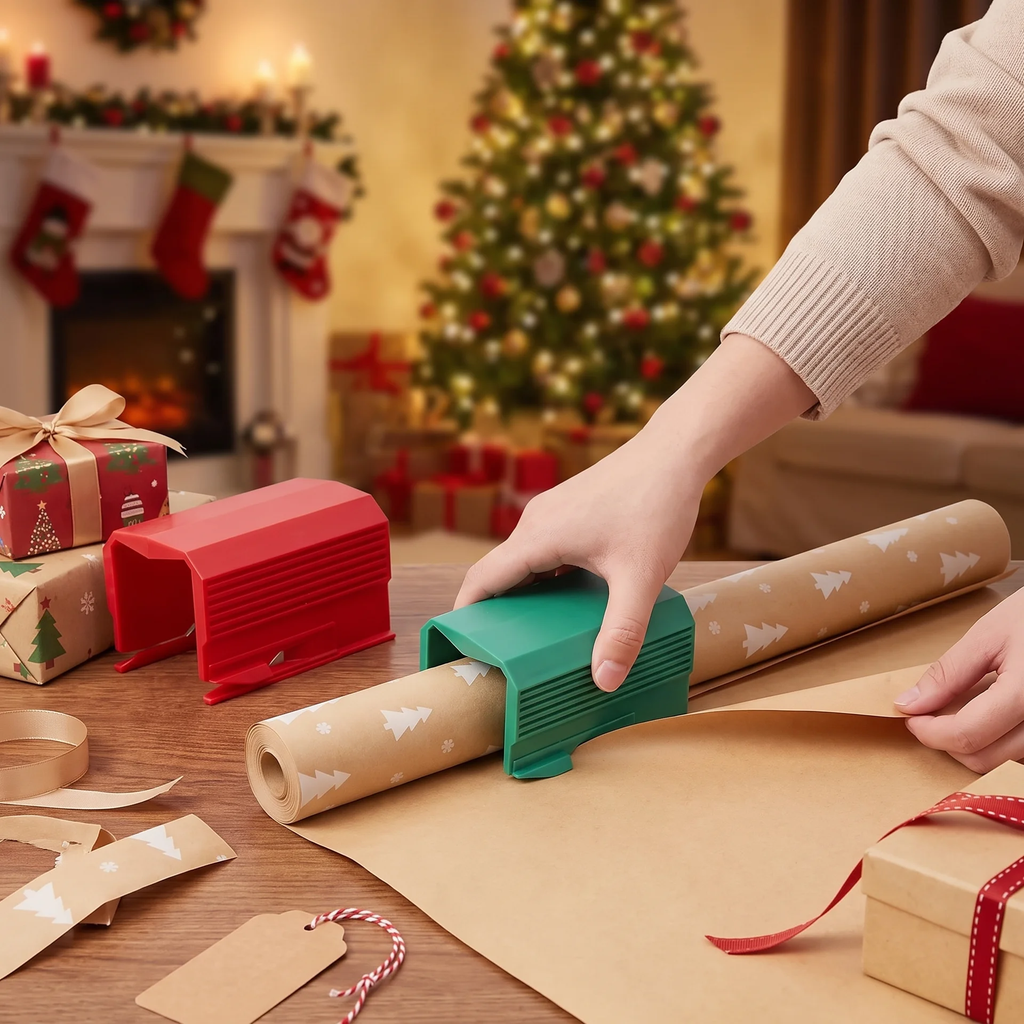 A person wrapping a gift with brown kraft paper rolls a tube through a green plastic tube cutter, with a red matching cutter nearby on a wooden table. The background shows a cozy Christmas scene with a decorated tree, stockings, and wrapped presents.