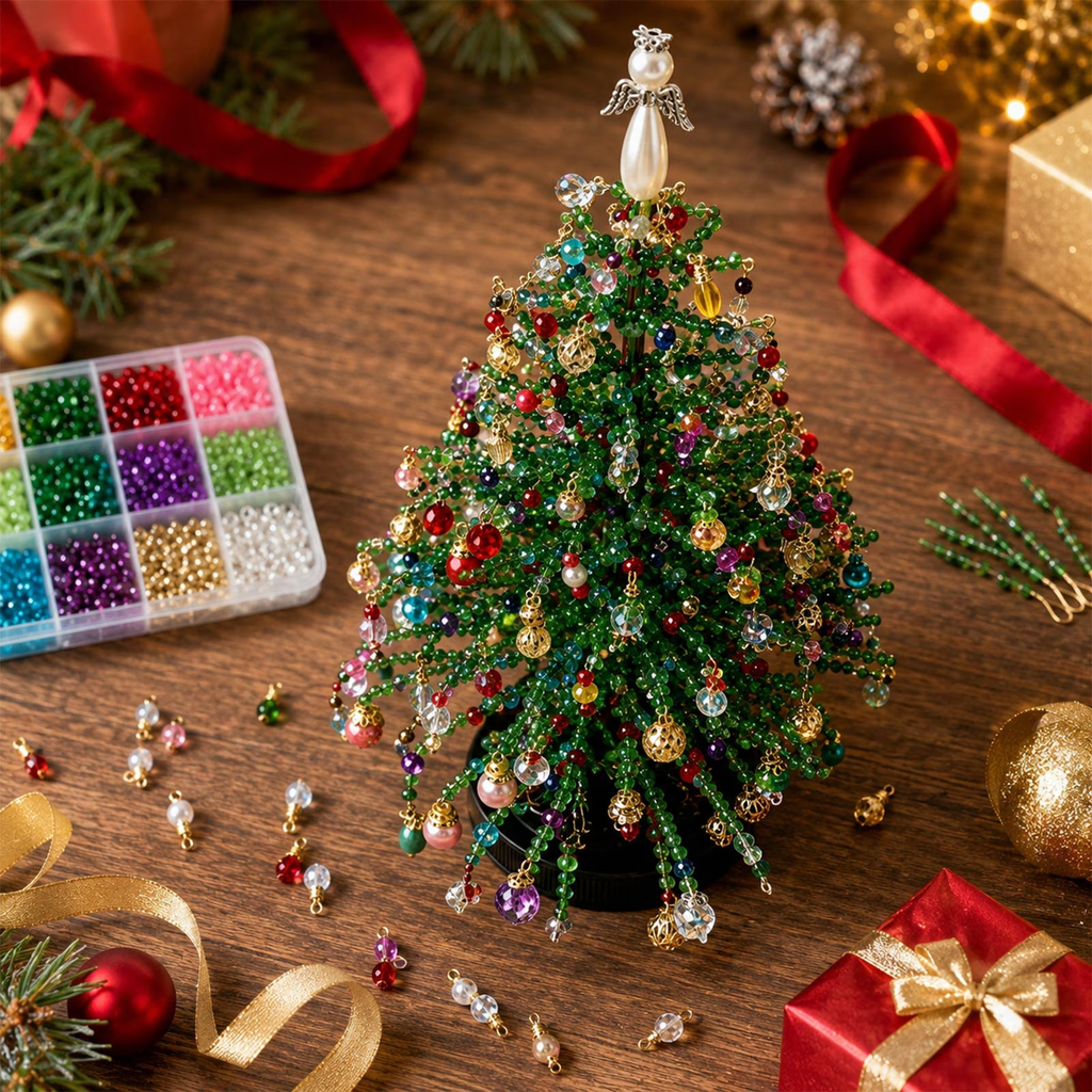 A small beaded Christmas tree decorated with colorful ornaments and a silver angel topper, styled on a wooden tabletop with holiday ribbons, beads, pinecones, and gift boxes.