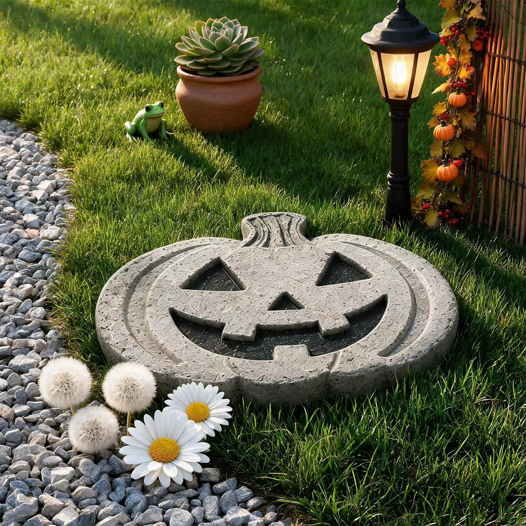A pumpkin-shaped concrete garden path stake lying on green grass in a landscaped yard, surrounded by a gravel border, dandelions, a potted succulent, a small frog figurine, and a lit black garden lamp.