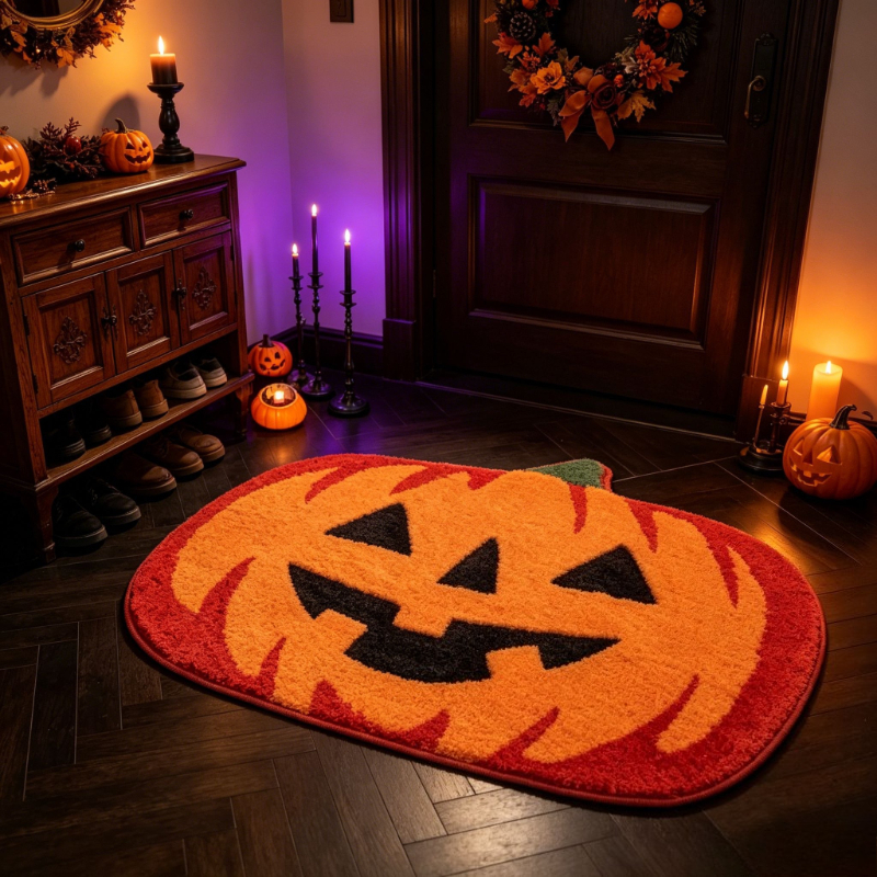 A Halloween-themed oval rug featuring a large jack-o'-lantern face in orange and black, styled in a dark, cozy entryway with candles, pumpkins, and a decorated door.