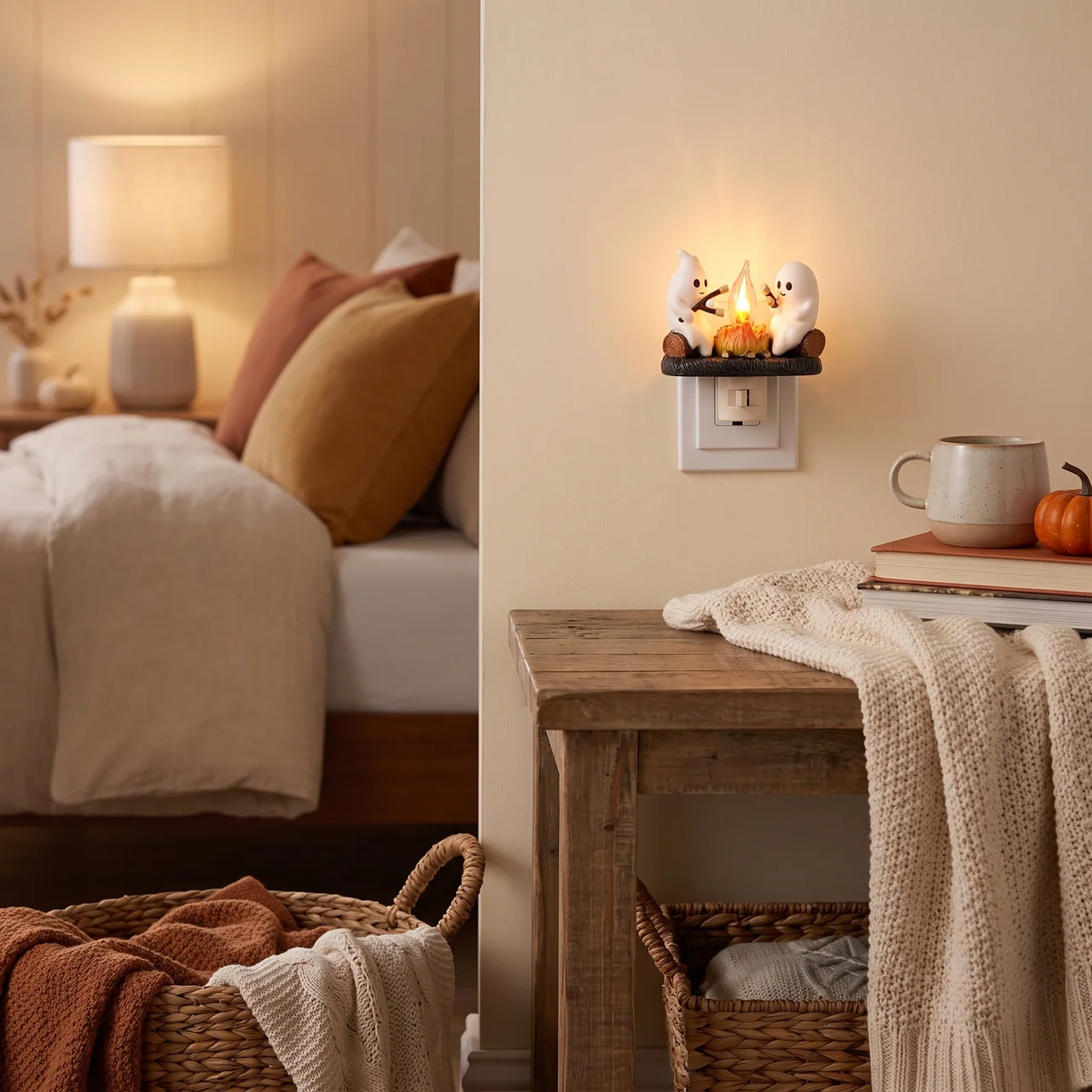 A cozy bedroom scene showing a wall-mounted night light with two white ghost figures around a small flame, lit in a warm beige room with a bed, table, blanket, and basket visible.