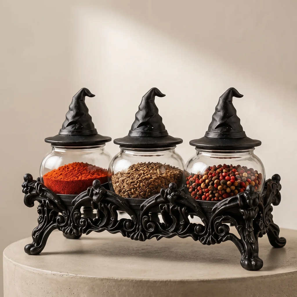Three glass spice jars with black wizard hat lids sit on an ornate black metal tray, filled with red pepper, brown seeds, and multicolored peppercorns, displayed on a light beige pedestal against a warm beige background.